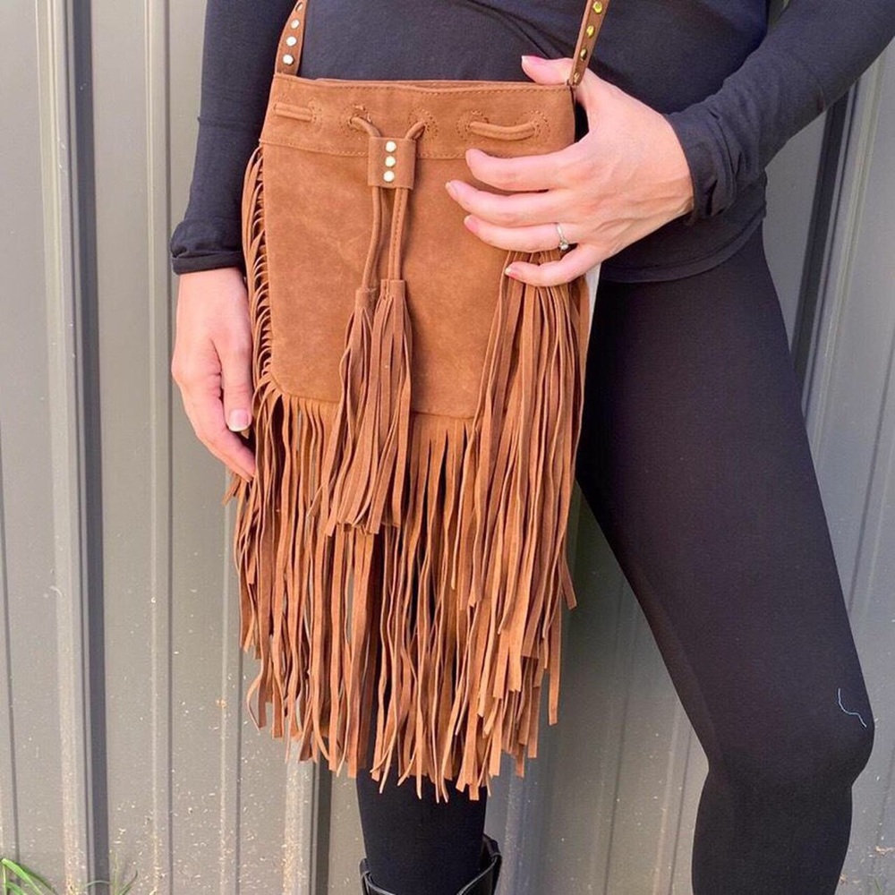 Boho brown leather western bag purse with fringe